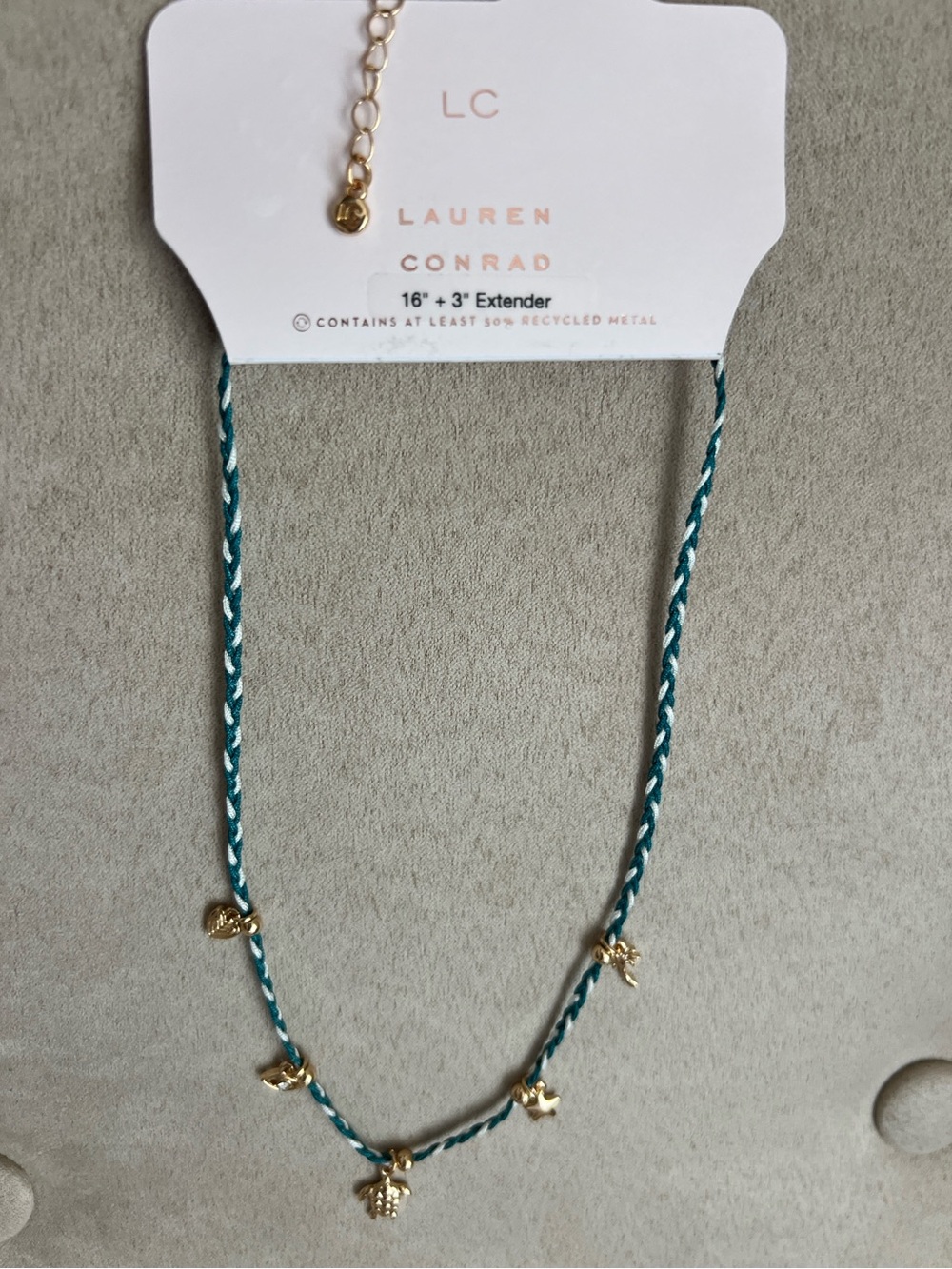 NWT LC Lauren Conrad Teal & White Braided Necklace with Gold Beach-Themed Charms
